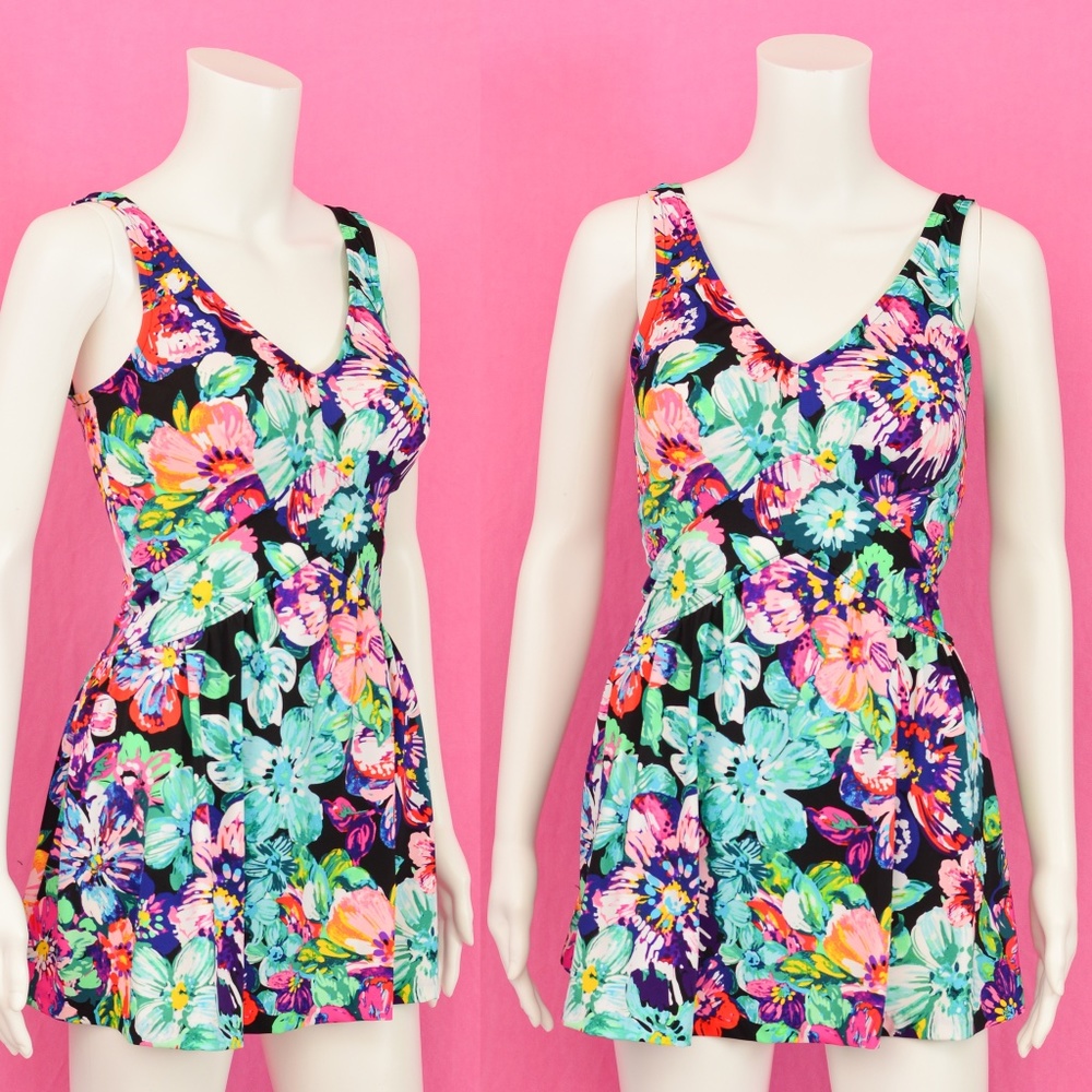 VINTAGE STYLE SWIMSUIT m l 12 neon black Floral Print 30s 40s pinup rockabilly